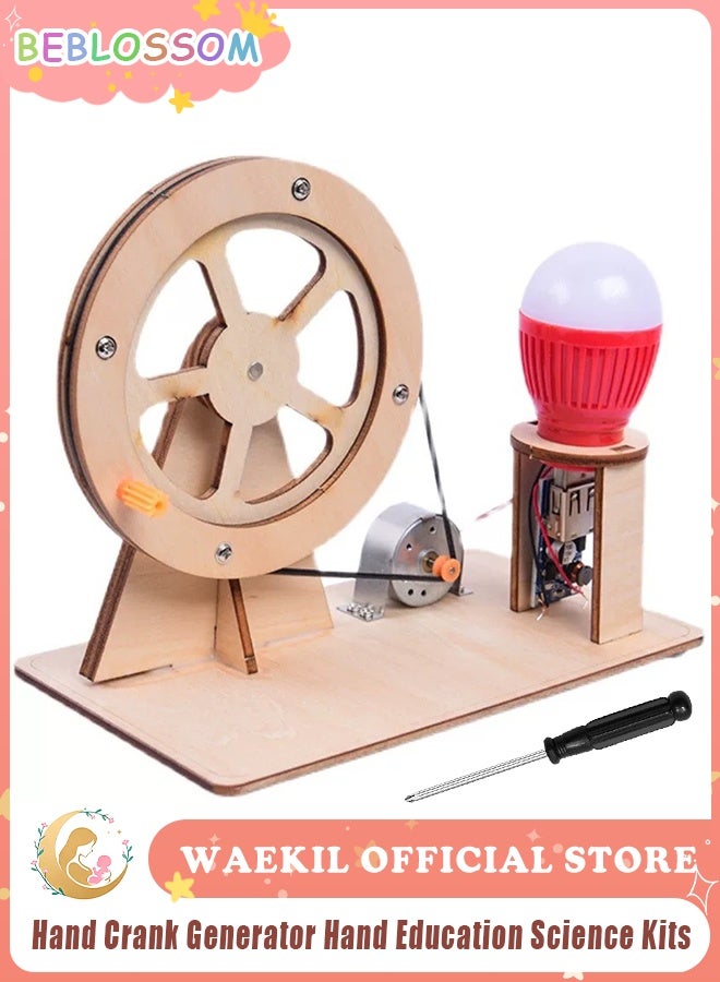 BEBLOSSOM Wooden hand cranked generator – science kit manual generator toy, physics experiment puzzle light bulb for kids, educational science experiments for children age 6-14 - Image 1